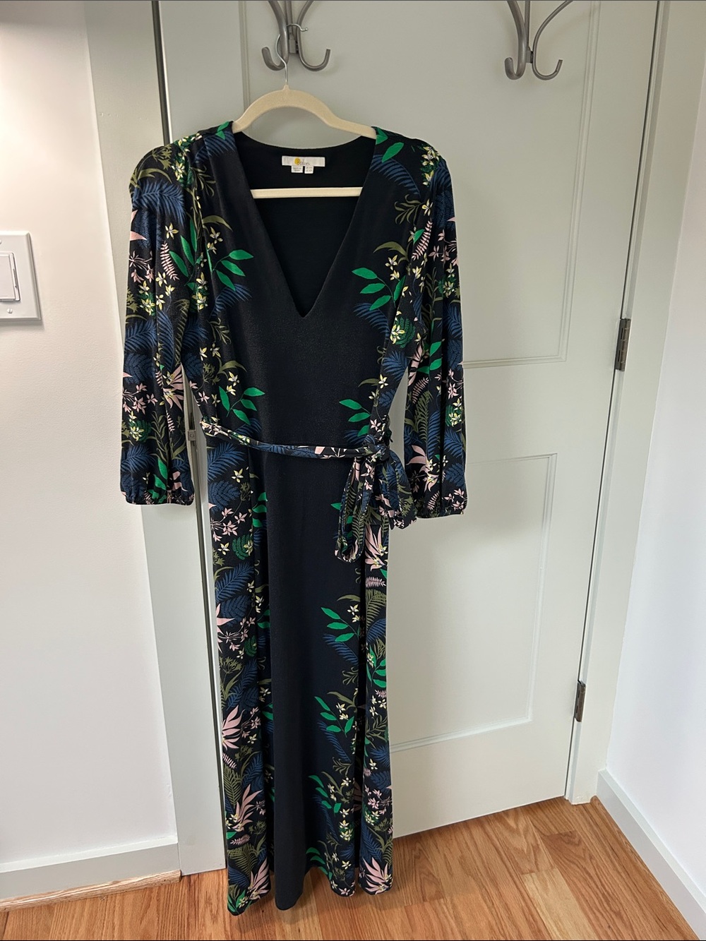 Boden Black Maxi Dress with Green and Pink Botanical Print